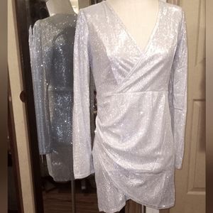 ♡New Shimmer Silver colored cross front Dress + free new purse .to match